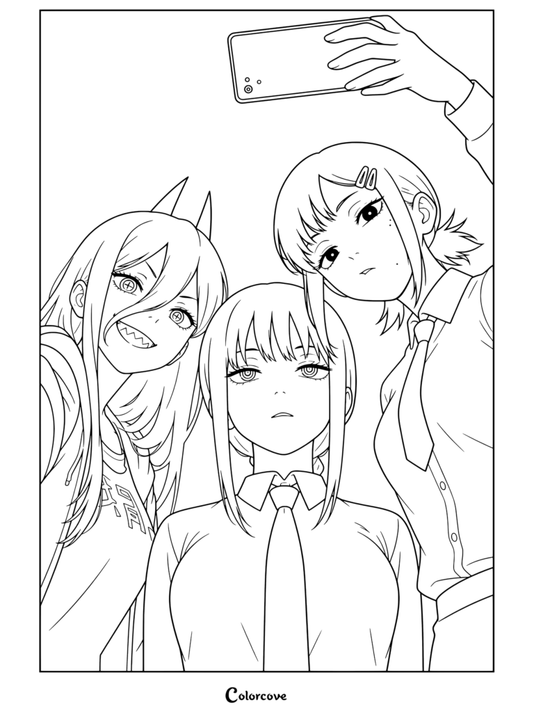 Dibujo de Chainsaw Man con Power, Makima y Kobeni tomándose una selfi juntas en la ciudad.