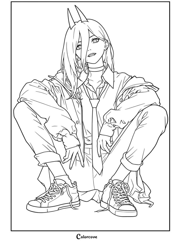 Dibujo de Chainsaw Man para colorear con Power en cuclillas vistiendo chaqueta azul, camisa blanca, corbata y zapatillas rojas.