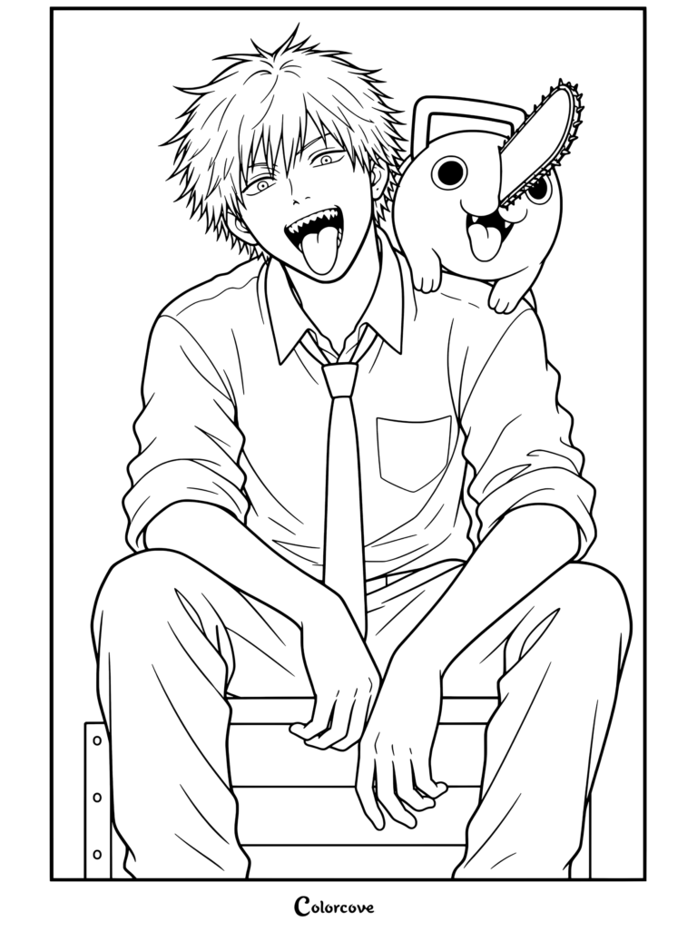Dibujo de Chainsaw Man para colorear con Denji y Pochita sentados juntos sonriendo con la lengua fuera sobre una caja de madera