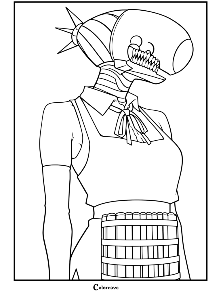 Dibujo de la forma híbrida de Reze como Demonio Bomba de Chainsaw Man de pie con cabeza en forma de torpedo y cinturón de dinamita.