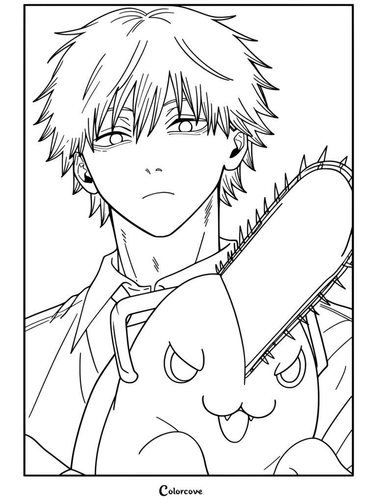 Dibujo de Chainsaw Man para colorear gratis para imprimir de Denji sosteniendo a Pochita con su hoja de motosierra extendida.