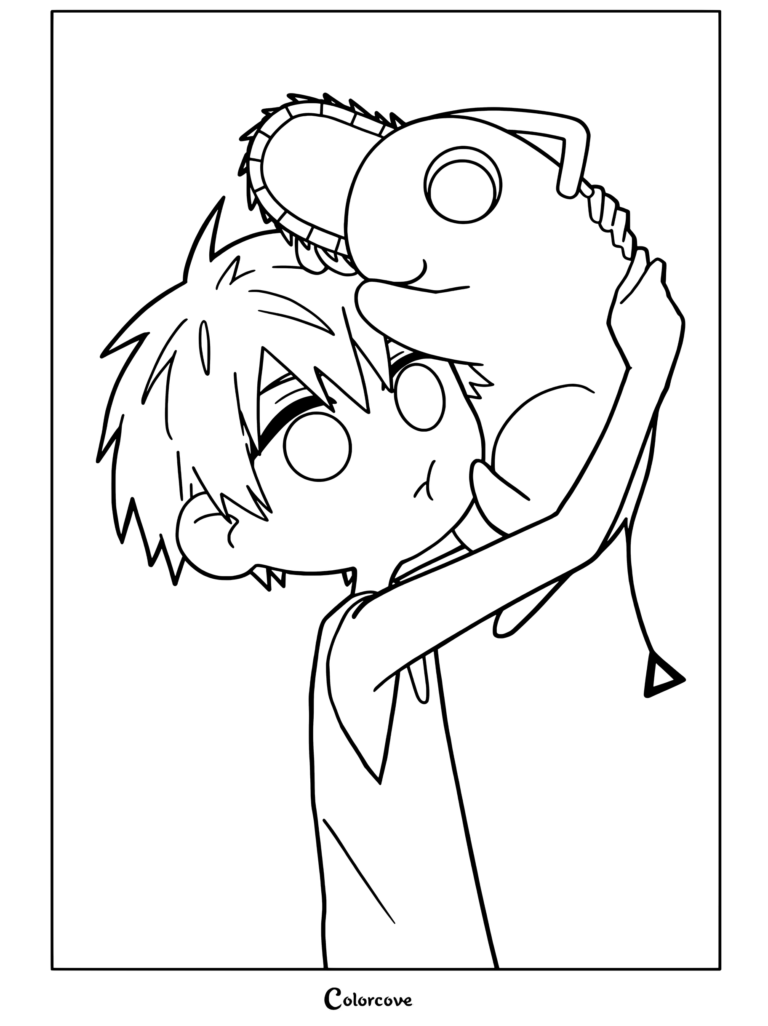 Página para colorear imprimible de Denji sosteniendo a Pochita en un lindo estilo de arte chibi de Chainsaw Man.