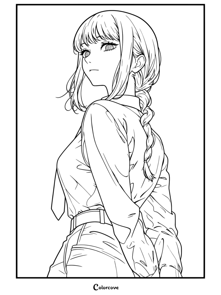 Makima de Chainsaw Man mirando hacia atrás por encima del hombro con una trenza roja y ojos amarillos en esta página para colorear.