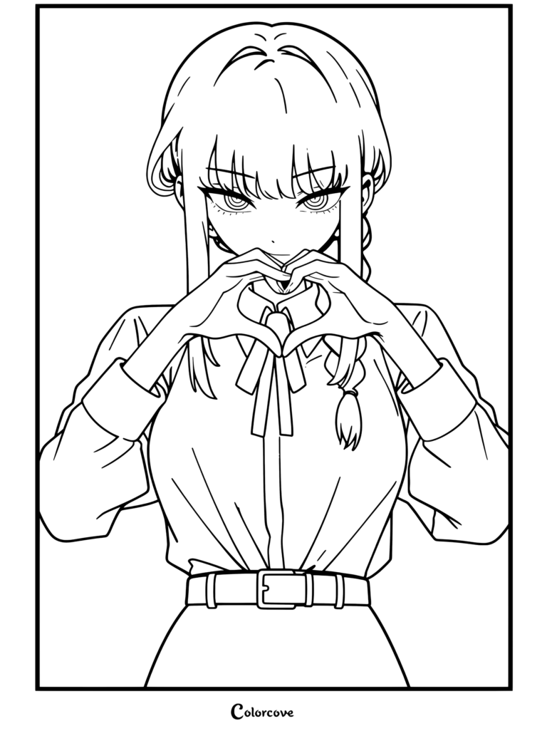Makima de Chainsaw Man haciendo una forma de corazón con sus manos vistiendo camisa celeste y corbata negra en la página para colorear