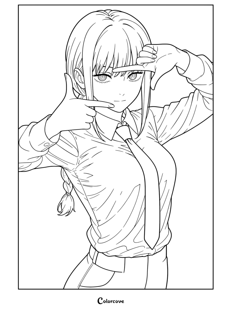 Makima de Chainsaw Man haciendo gesto de pistola con los dedos con ojos amarillos anillados vistiendo camisa blanca y corbata negra en un dibujo para colorear
