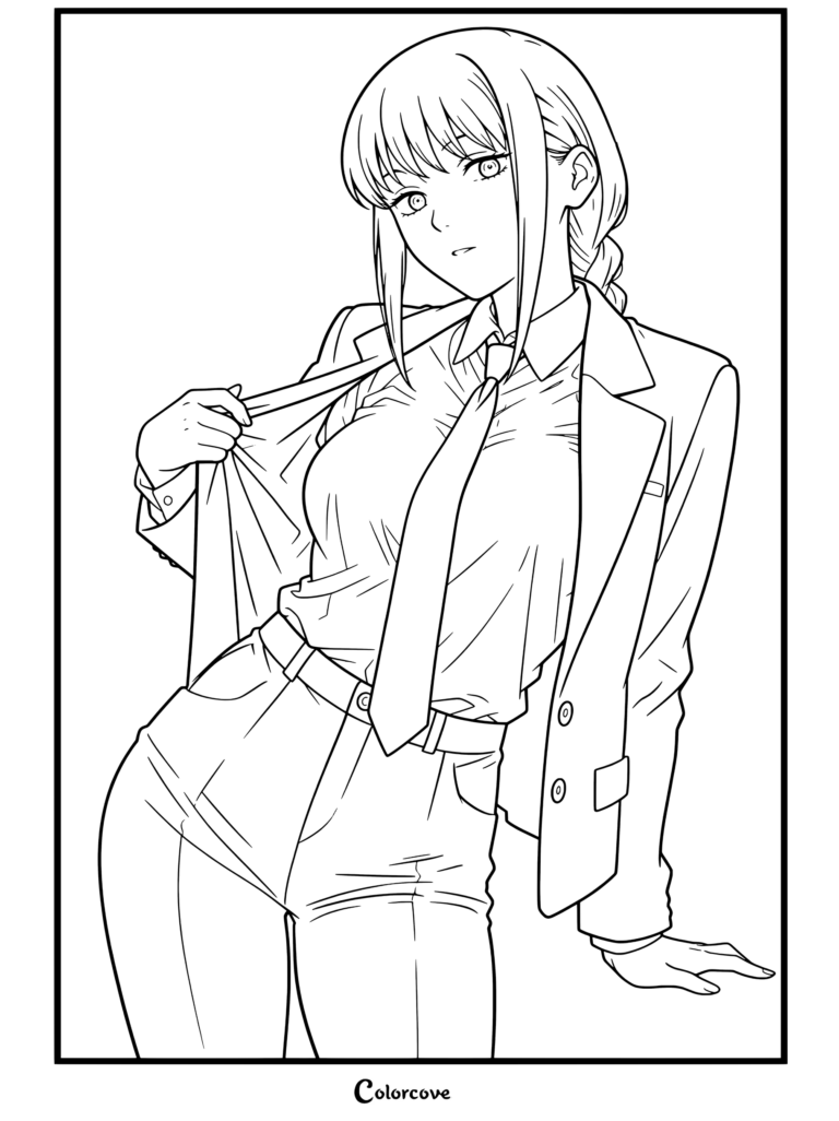Makima de Chainsaw Man vistiendo traje negro y corbata ajustándose la chaqueta con expresión segura en esta página para colorear