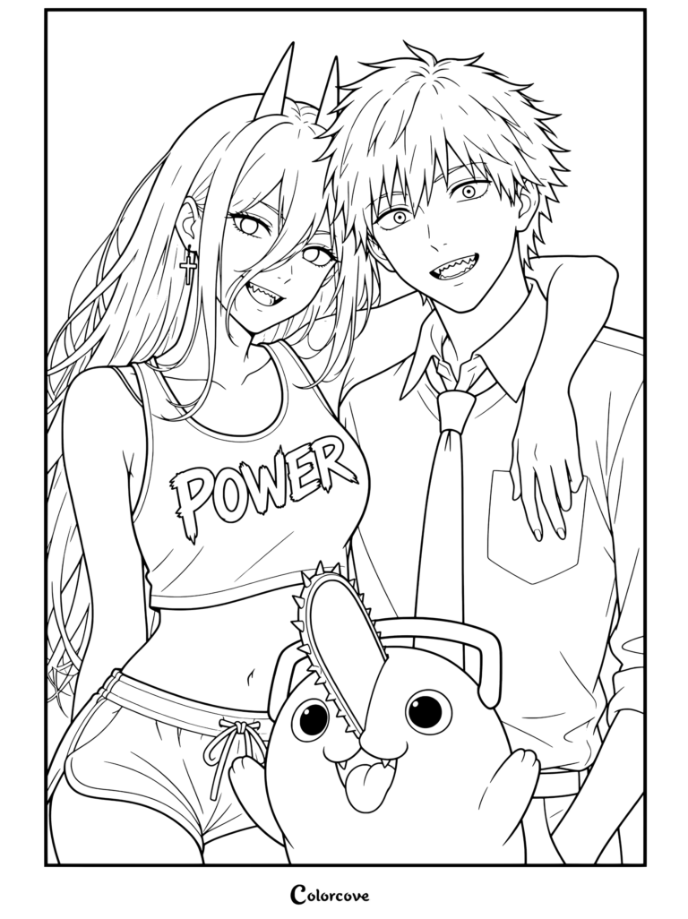Power y Denji de Chainsaw Man posando con Pochita contra un fondo azul sólido en un dibujo para colorear para fans