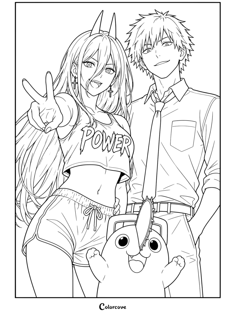 Dibujo de Chainsaw Man para colorear con Power y Denji posando felizmente con Pochita contra un fondo vibrante.