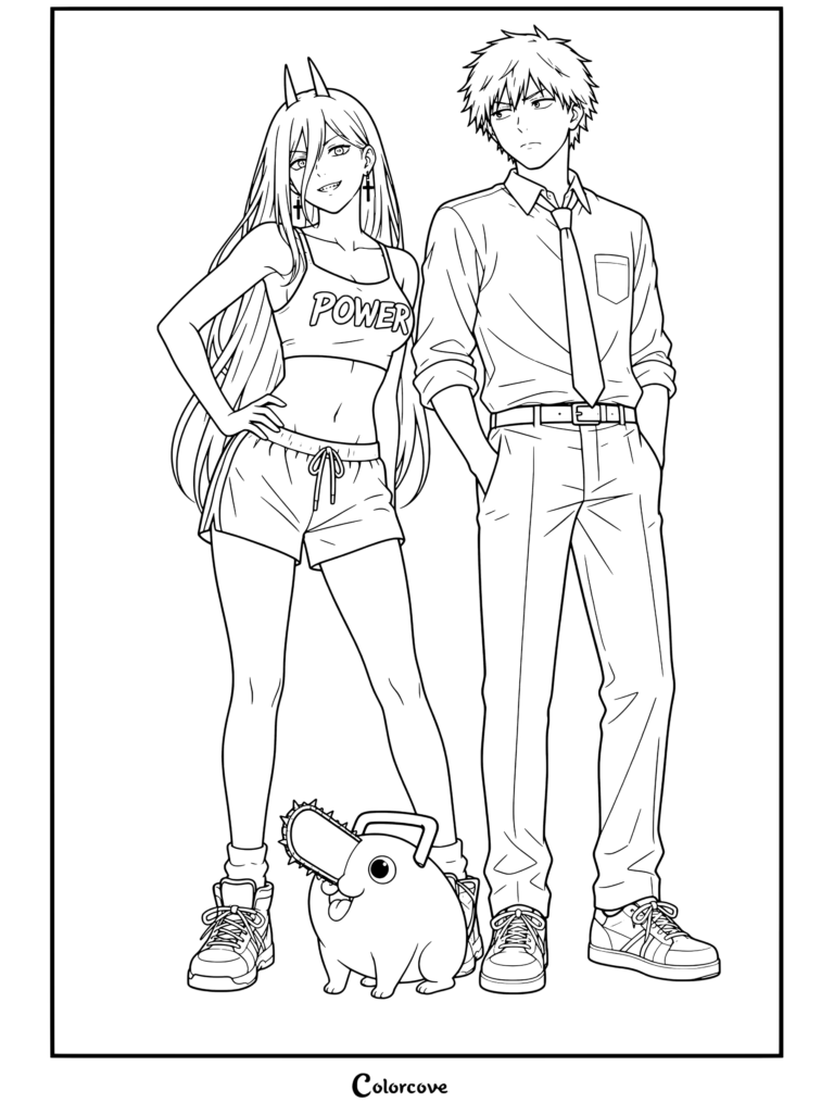 Página para colorear de Power y Denji de pie con Pochita entre los personajes de Chainsaw Man contra un fondo azul.