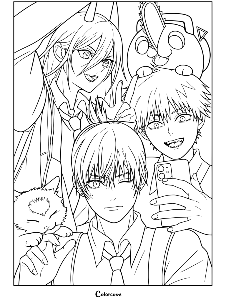 Dibujo de Chainsaw Man para colorear con Power, Aki, Denji, Pochita y Meowy tomándose una feliz selfie grupal.