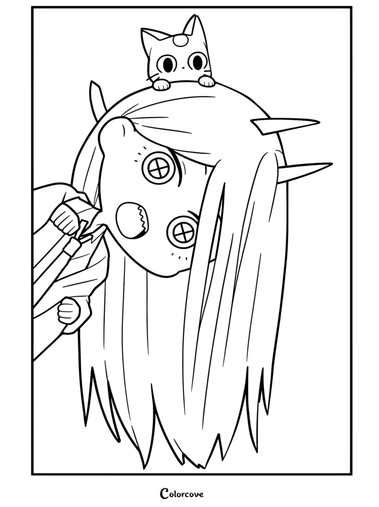 Dibujo de Chainsaw Man para colorear con Power y Meowy chibi asomándose hacia abajo con ojos grandes y cuernos