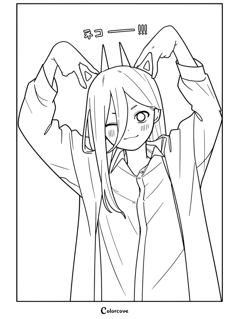 Dibujo de Chainsaw Man para colorear con Power haciendo un gesto de orejas de gato con sus manos y sonriendo juguetonamente.