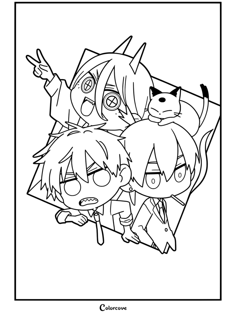 Dibujo de Chainsaw Man que presenta a Power, Denji y Aki en versión chibi posando juntos con el gato Meowy sobre un fondo cuadrado.