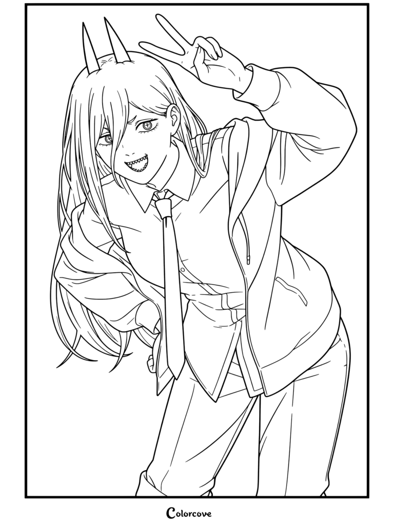 Dibujo de Chainsaw Man para colorear con Power haciendo el signo de la paz mientras viste camisa blanca, corbata negra y chaqueta azul.