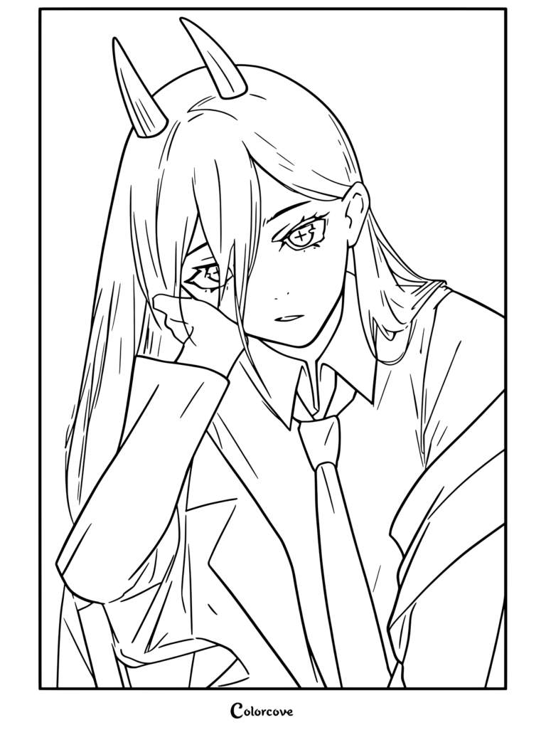 Dibujo para colorear imprimible de Power de Chainsaw Man apoyada en su mano con expresión aburrida, vistiendo traje y cuernos.