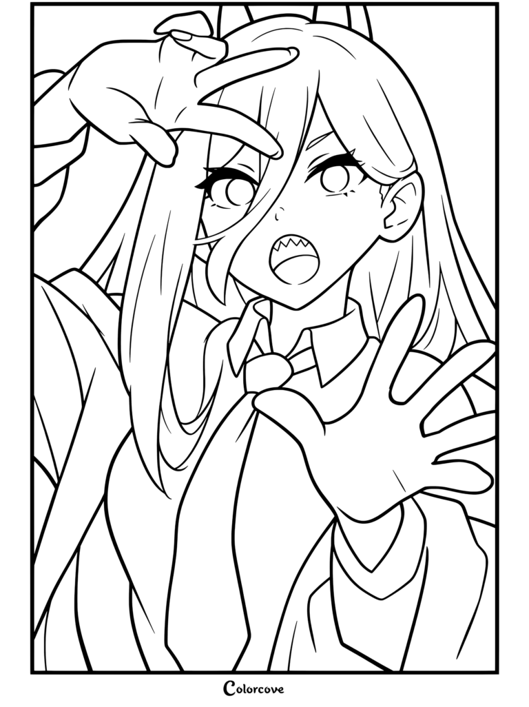 Dibujo de Chainsaw Man para colorear de Power posando juguetonamente con las manos mostrando colmillos y vistiendo un uniforme de Seguridad Pública.