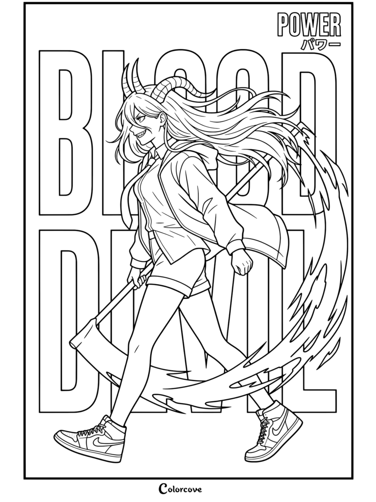 Página para colorear de Power de Chainsaw Man caminando con una guadaña de sangre usando zapatillas y cuernos.