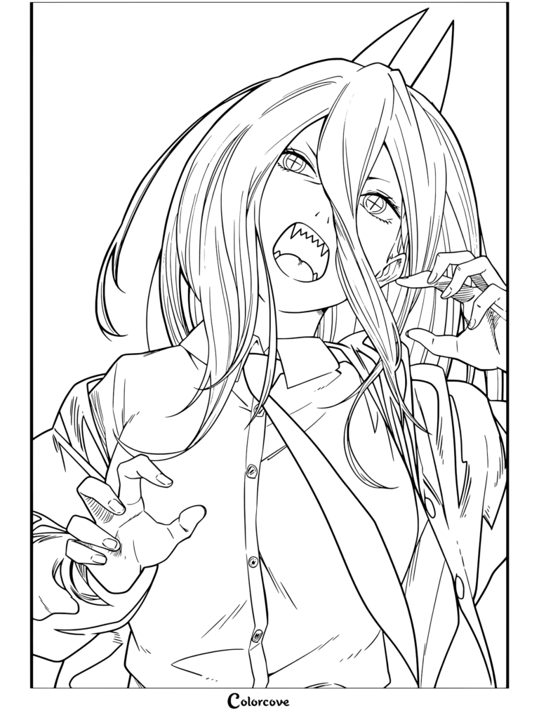 Dibujo de Chainsaw Man para colorear con Power con cabello rubio largo, dientes afilados y cuernos posando agresivamente