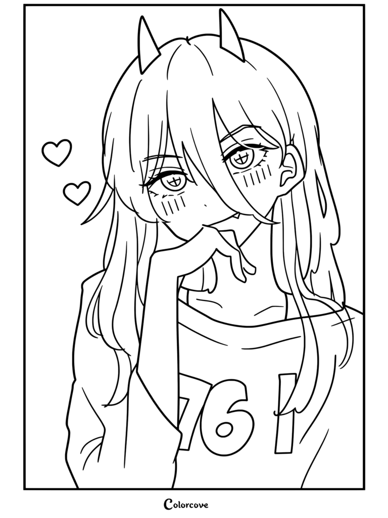 Power de Chainsaw Man con cabello rosado y cuernos rojos apoyando la barbilla en su mano con corazones en la página para colorear
