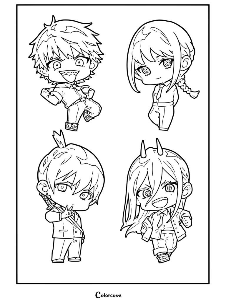 Dibujo de Chainsaw Man que presenta a los personajes chibi Denji, Makima, Aki Hayakawa y Power en una obra de arte estilizada.