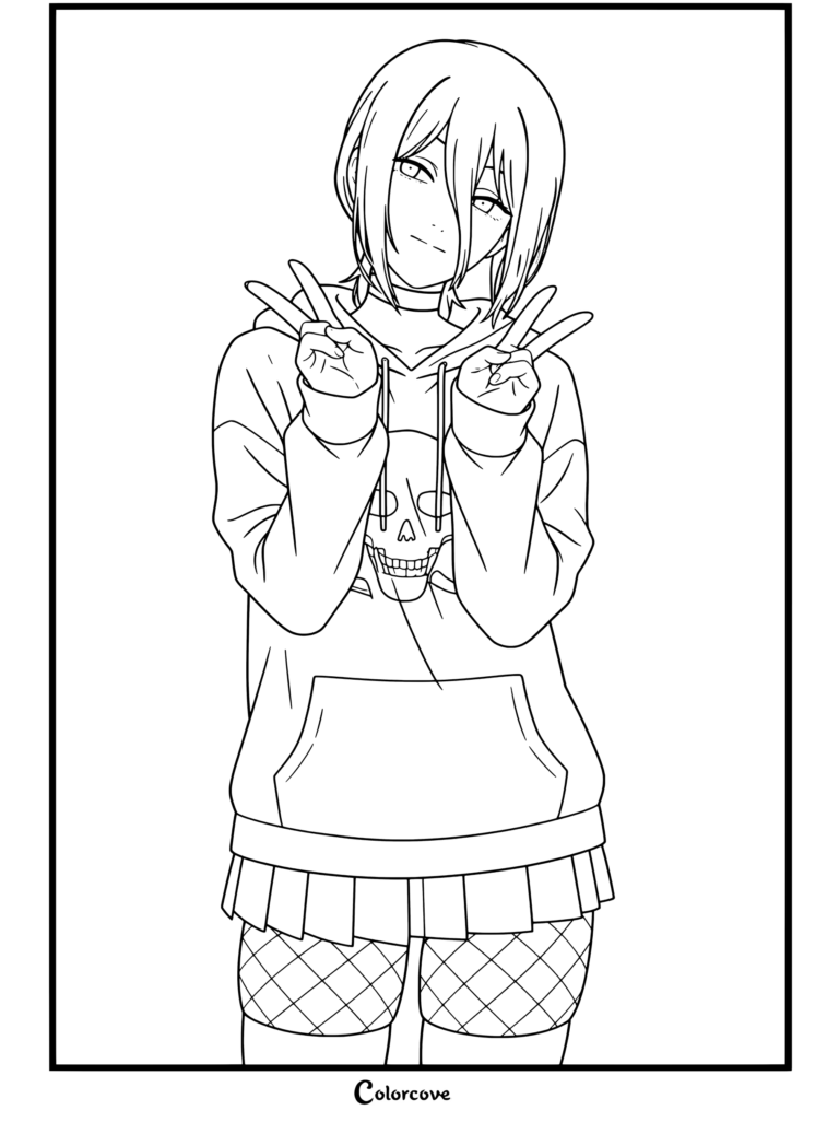 Dibujo de Reze de Chainsaw Man que muestra al personaje con una sudadera negra con calavera y falda de cuadros haciendo la señal de la paz.