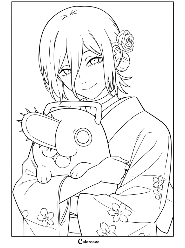 Dibujo de Chainsaw Man con Reze sosteniendo a Pochita mientras viste un kimono decorado con flores de cerezo.
