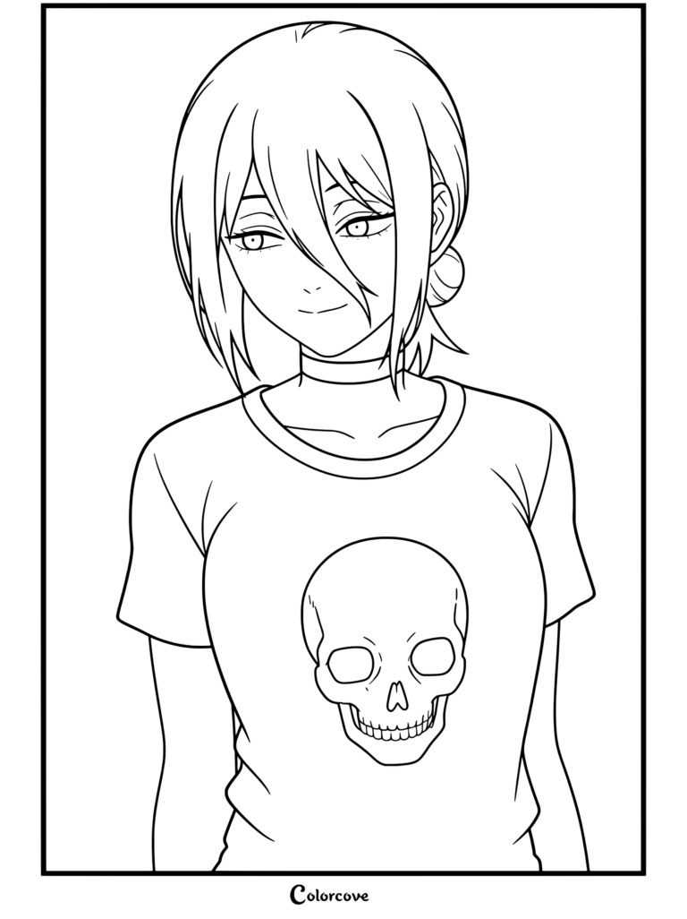 Dibujo de Chainsaw Man que presenta a Reze luciendo una camiseta negra con gráfico de calavera y gargantilla mientras sonríe suavemente.