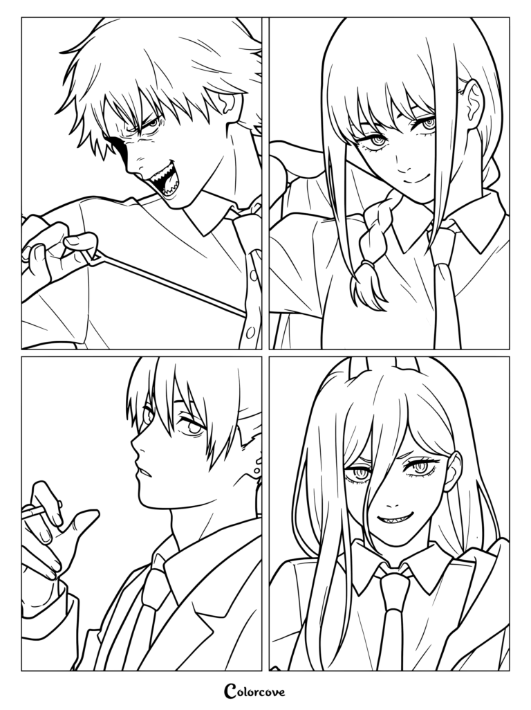 Dibujo de Chainsaw Man para colorear con Denji, Makima, Aki Hayakawa y Power en un diseño de cuatro paneles.