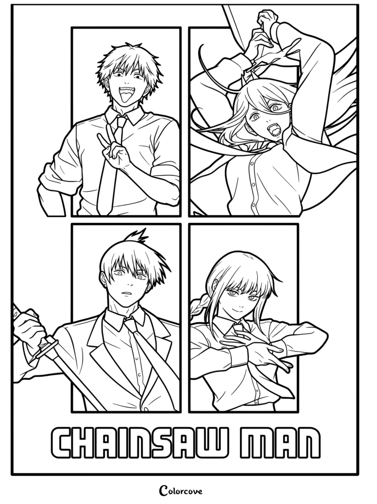 Página para colorear imprimible de un póster de anime de Chainsaw Man de 4 paneles que presenta a los personajes principales Denji, Power, Aki Hayakawa y Makima.