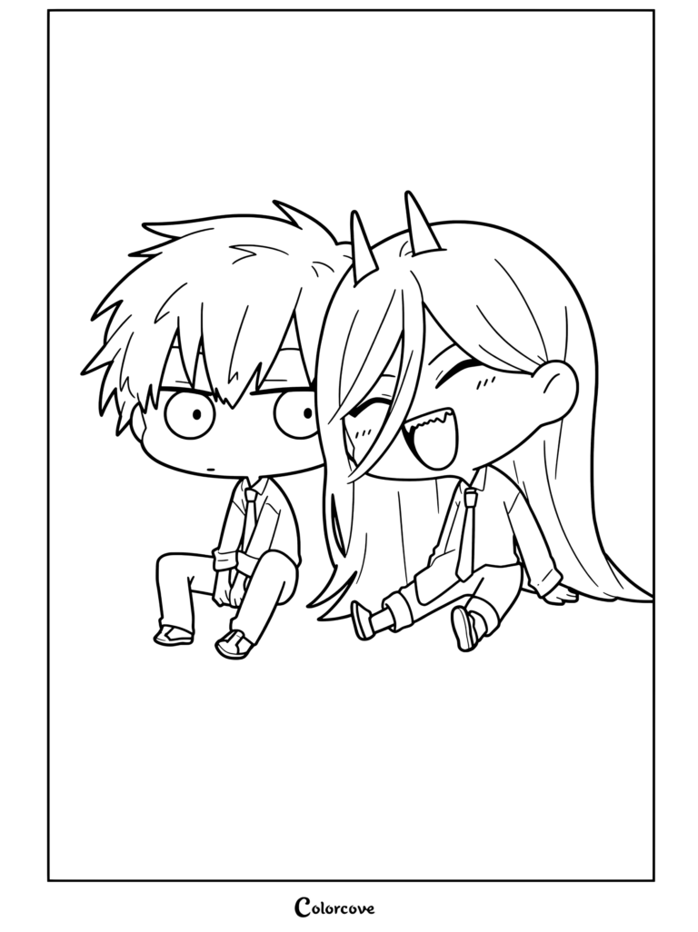 Dibujo de Chainsaw Man con el chibi de Denji luciendo sorprendido y Power riendo alegremente mientras están sentados juntos.