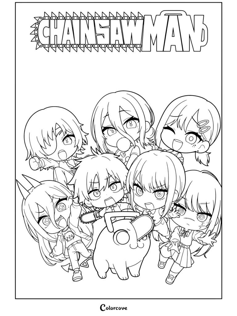 Dibujo de Chainsaw Man de ilustración grupal chibi con Denji, Pochita, Makima, Power, Himeno, Reze, Kobeni y Asa Mitaka.