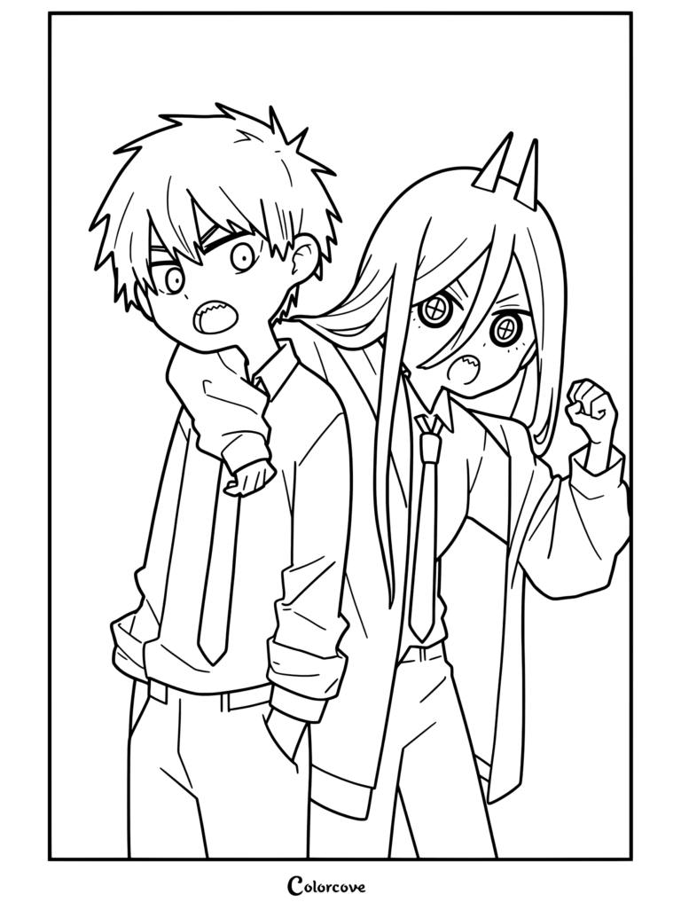 Dibujo de Chainsaw Man con Denji y Power gritando y posando juntos en un estilo de arte chibi.