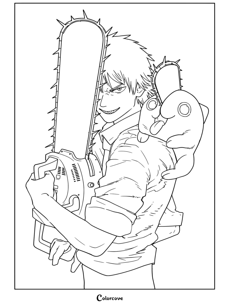 Dibujo de Chainsaw Man para colorear con Denji sosteniendo una gran motosierra con Pochita en su hombro.