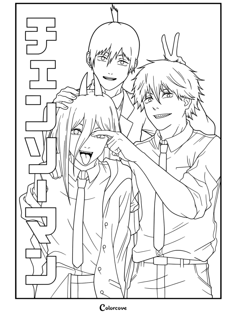 Dibujo de Chainsaw Man terminado con Denji, Power y Aki Hayakawa posando juntos alegremente, con Denji haciéndole cuernos a Aki y picándole la mejilla a Power.