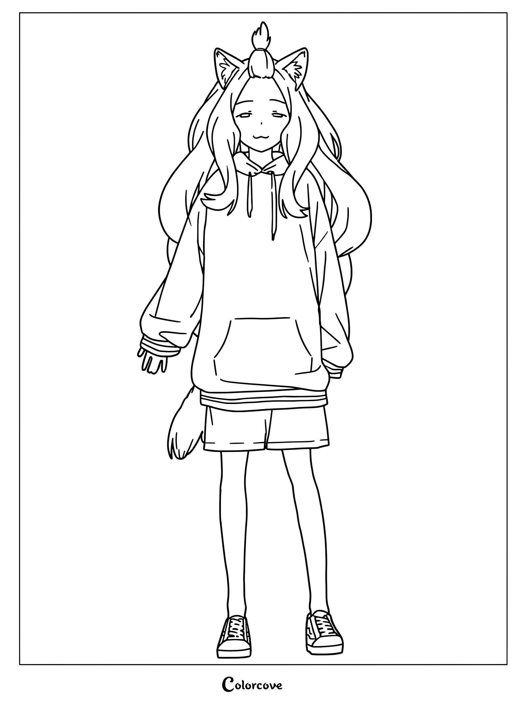 Simple coloring page of Aruko, a small cat girl student wearing a hoodie and shorts, standing and looking forward.