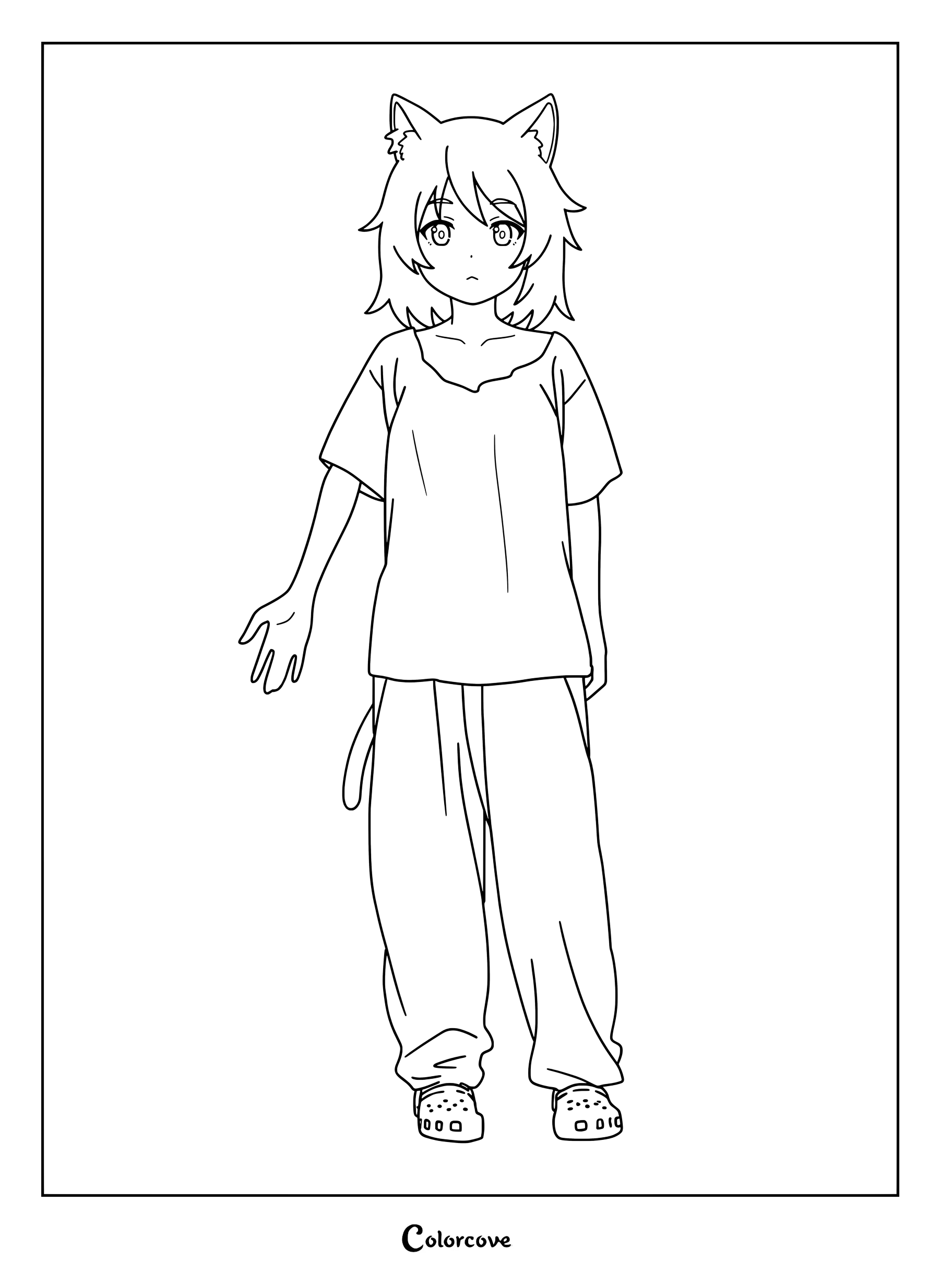 Simple coloring page of Yaniko Satō standing in a t-shirt and loose pants.