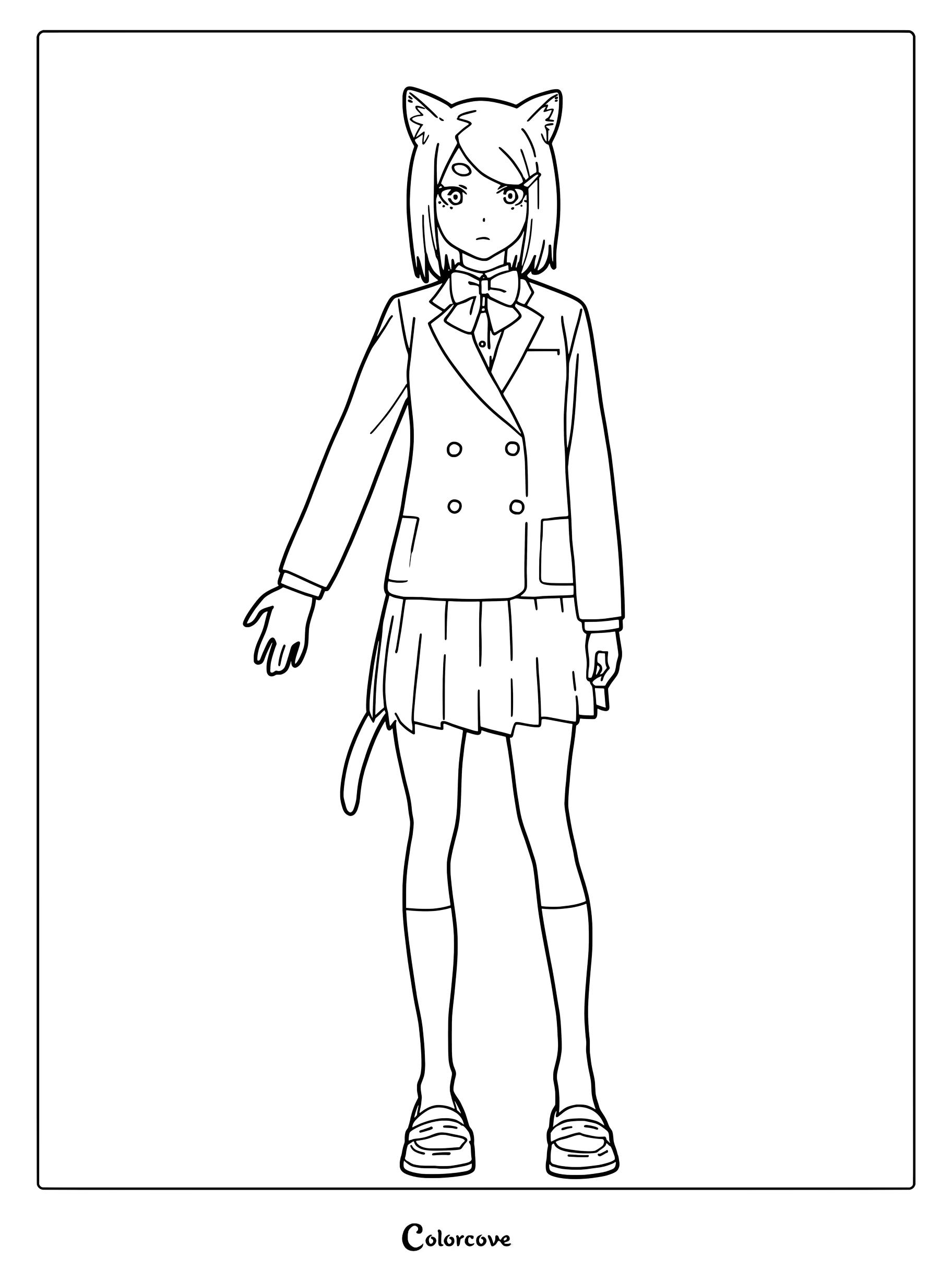 Medium difficulty coloring page of Imoko Satō, the level-headed sister from Chainsmoker Cat, standing in her school uniform.