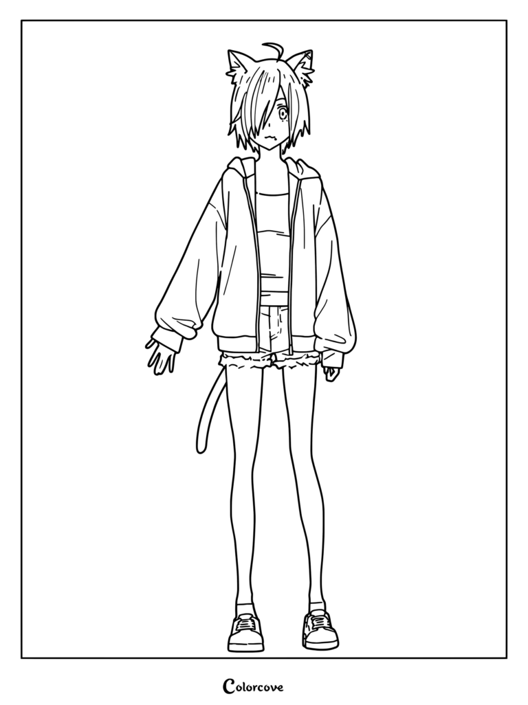 Simple coloring page of Hameneko, the gamer and livestreamer, standing in her casual hoodie and shorts outfit.