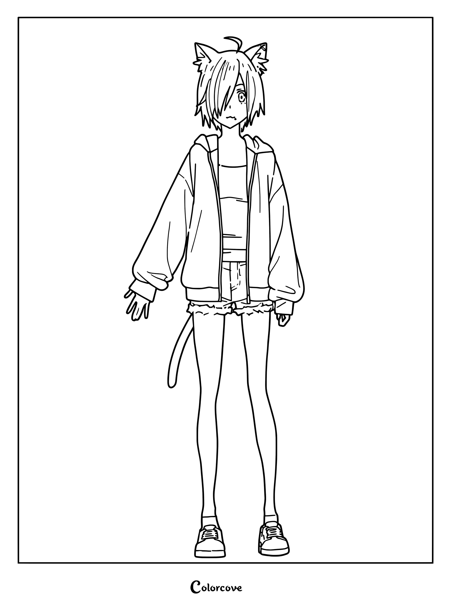 Simple coloring page of Hameneko, the gamer and livestreamer, standing in her casual hoodie and shorts outfit.
