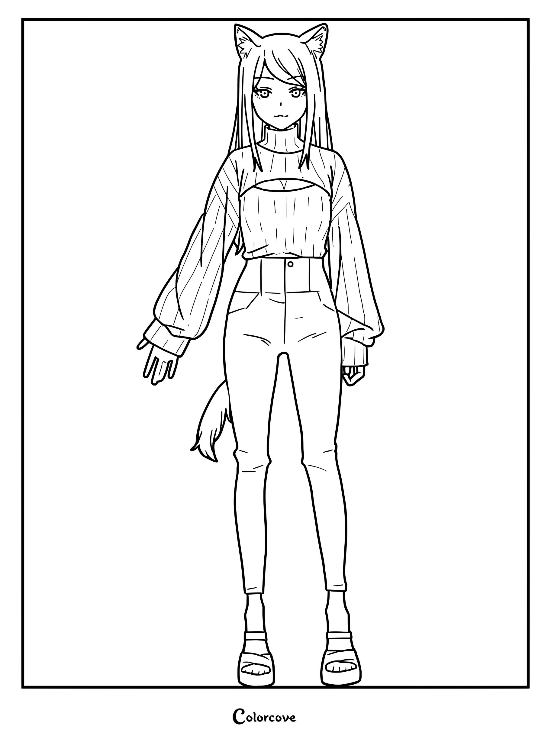 Medium difficulty coloring page of Kansaineko, the amateur comedian cat girl from the Kansai region.