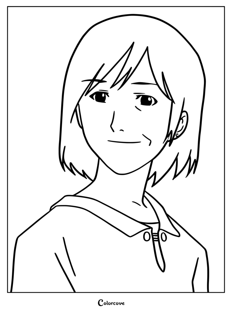 Simple coloring page of Yaniko and Imoko's mother, a cat girl with short hair, looking off to the side.