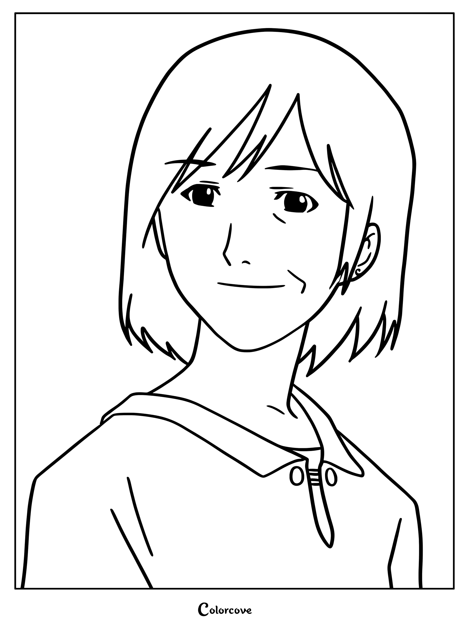 Simple coloring page of Yaniko and Imoko's mother, a cat girl with short hair, looking off to the side.