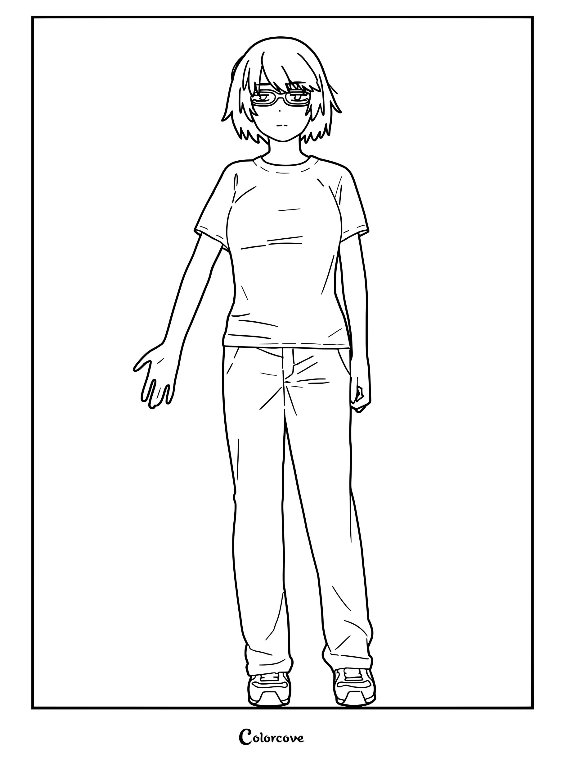 Simple coloring page of Ochinpo Tatsuro, a human manga artist, standing in a casual pose.