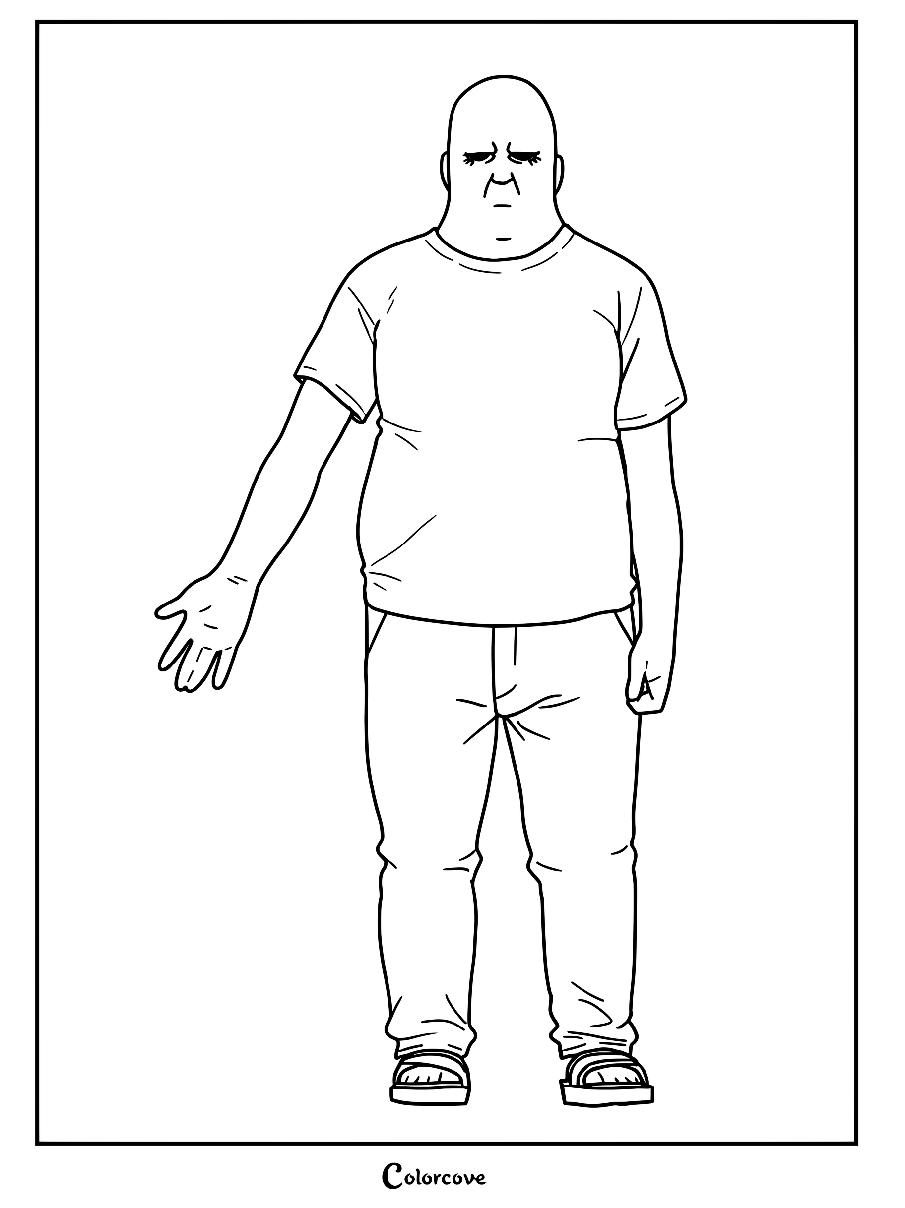 Simple coloring page of Landlord Otani, a bald, heavy-set man standing in a t-shirt and pants.
