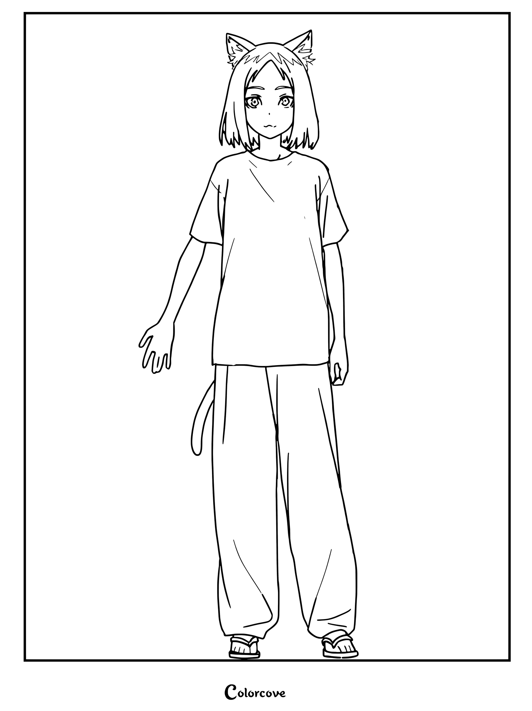 Simple coloring page of Yakuneko standing, a cat girl who appears well-rounded outside her apartment.