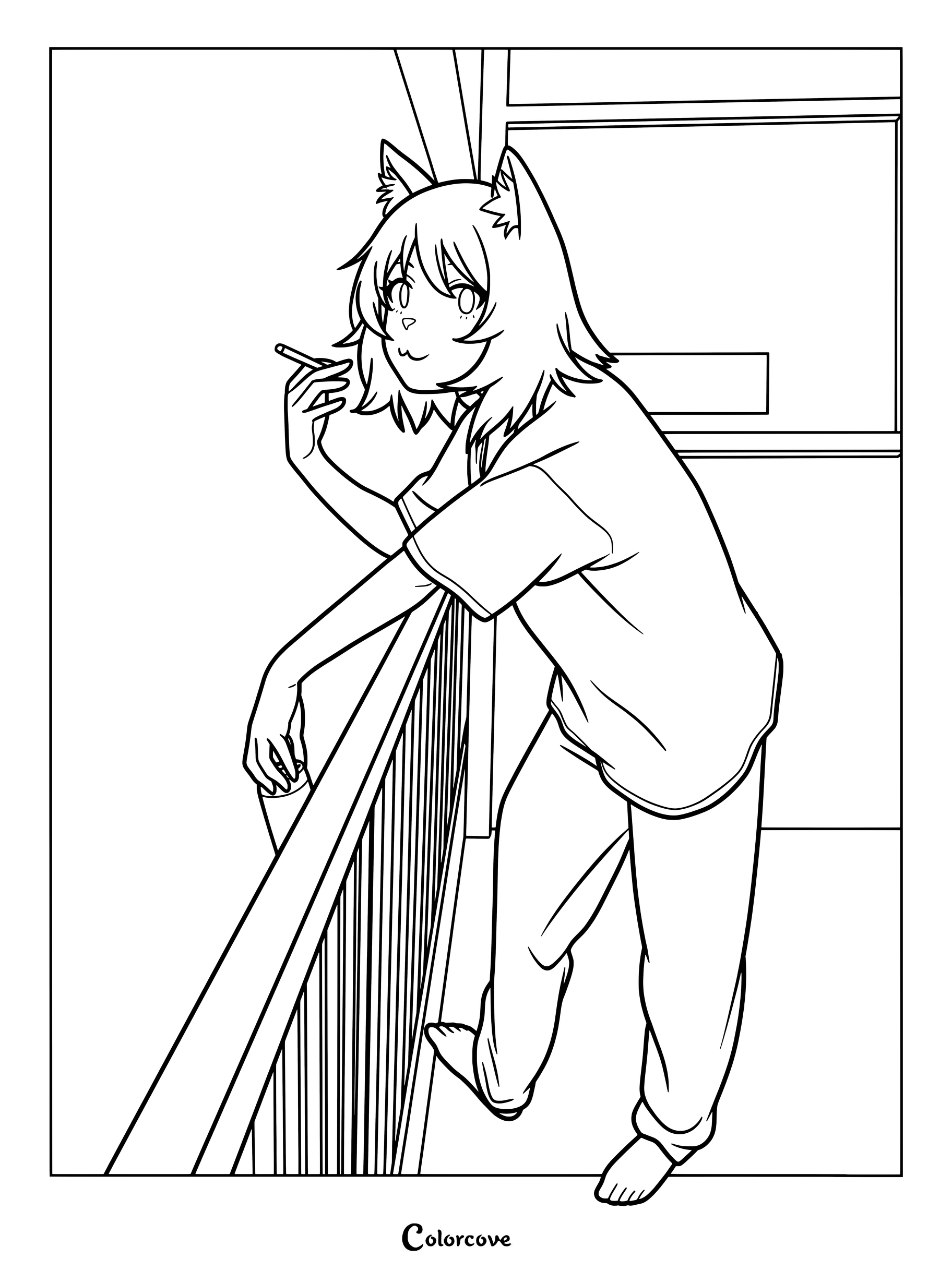 Detailed coloring page of Yaniko Satō leaning on a balcony railing while holding a cigarette.