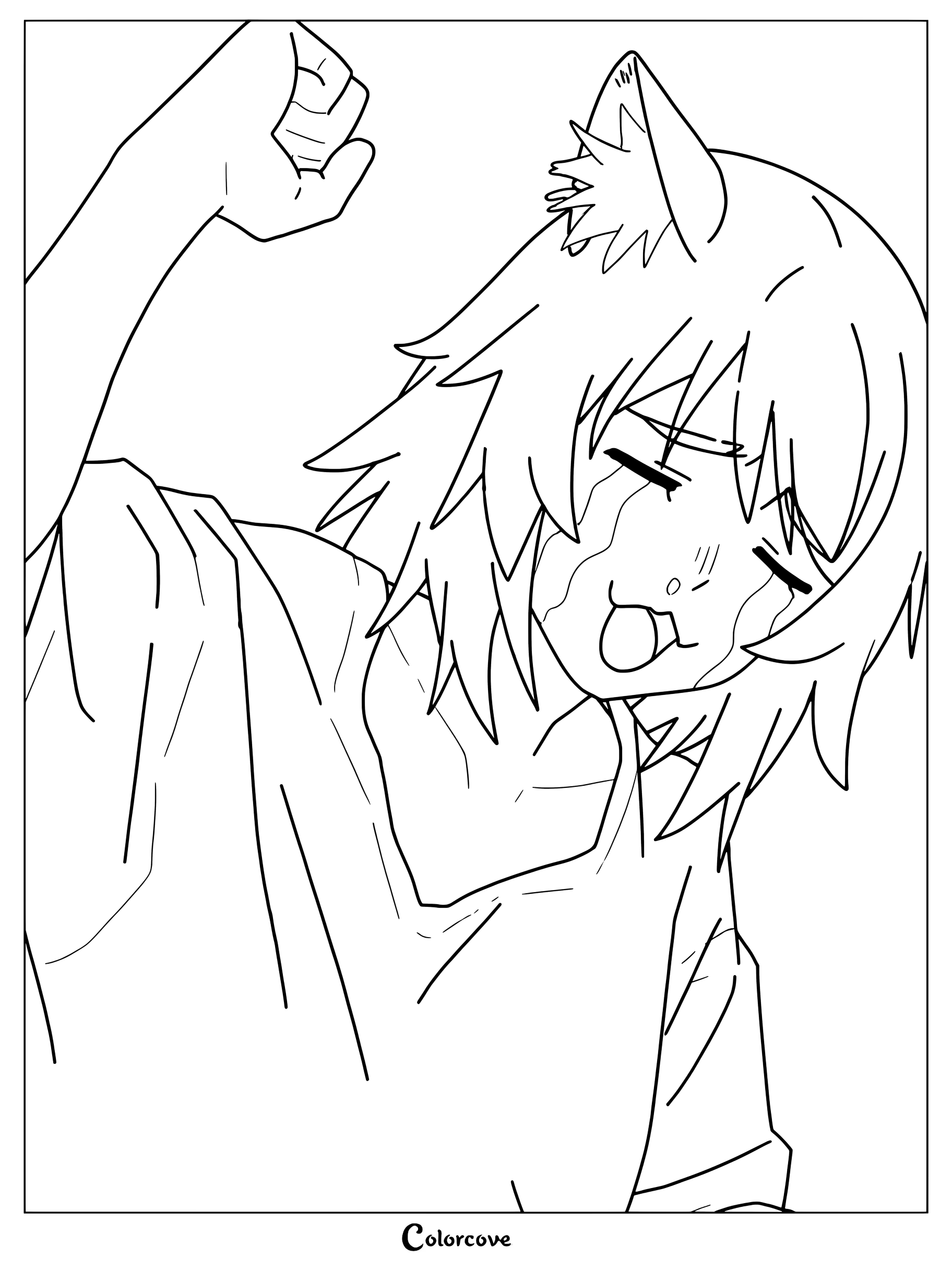 Simple coloring page of Yaniko Satō from Chainsmoker Cat with a tearful, emotional expression and raised arm.
