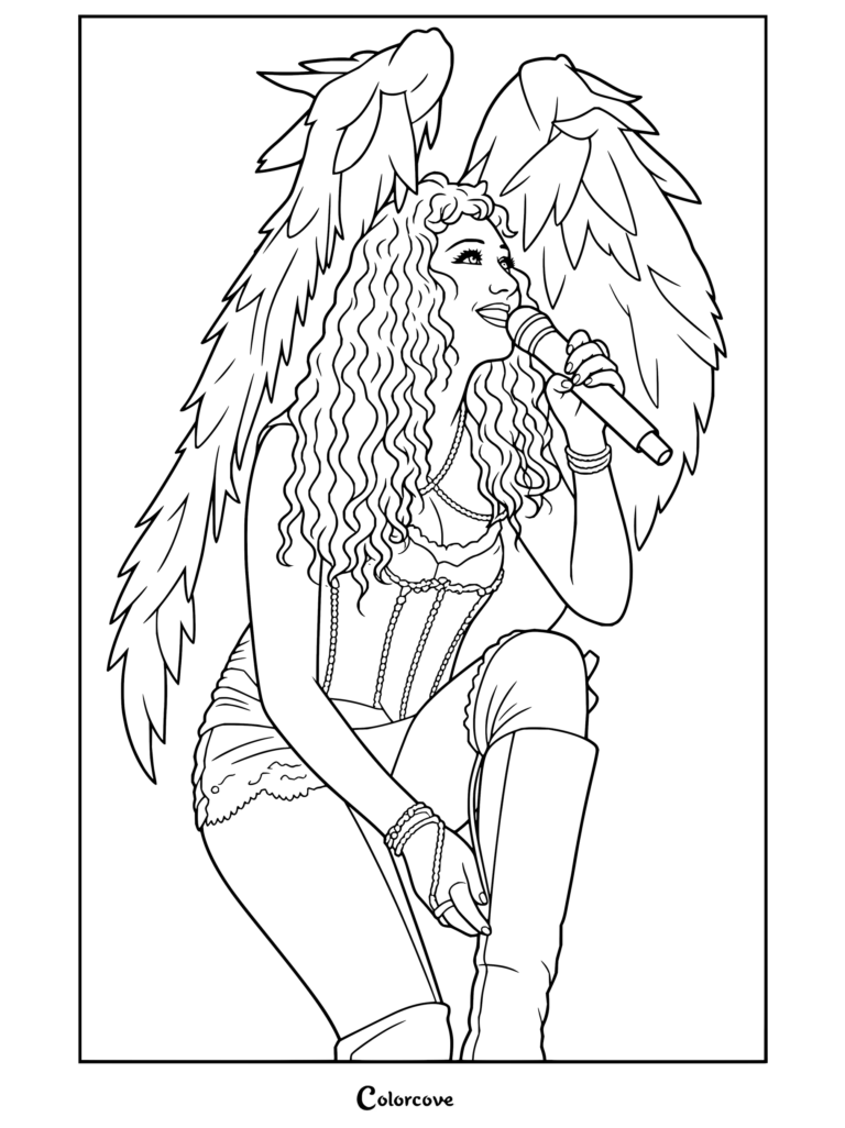 Dibujo para colorear imprimible de Chappell Roan que presenta a la estrella del pop con corsé y alas de ángel de plumas cantando ante un micrófono.