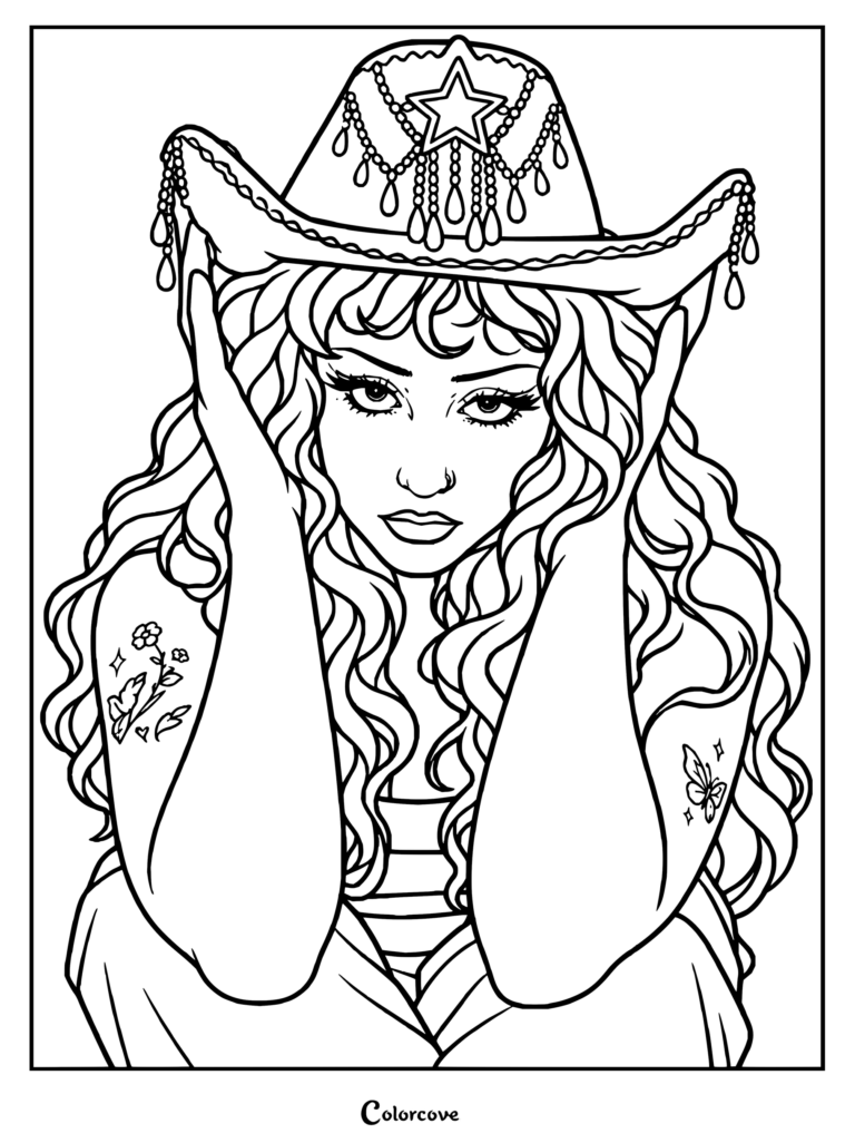 Dibujo para colorear de Chappell Roan con la cantante llevando un sombrero de vaquero brillante con pedrería y tatuajes.