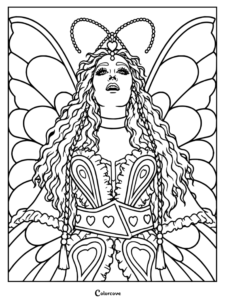 Dibujo para colorear de Chappell Roan luciendo un traje de mariposa rosa y rojo a medida inspirado en Lady Miss Kier de Deee-Lite durante su actuación en Coachella 2024.